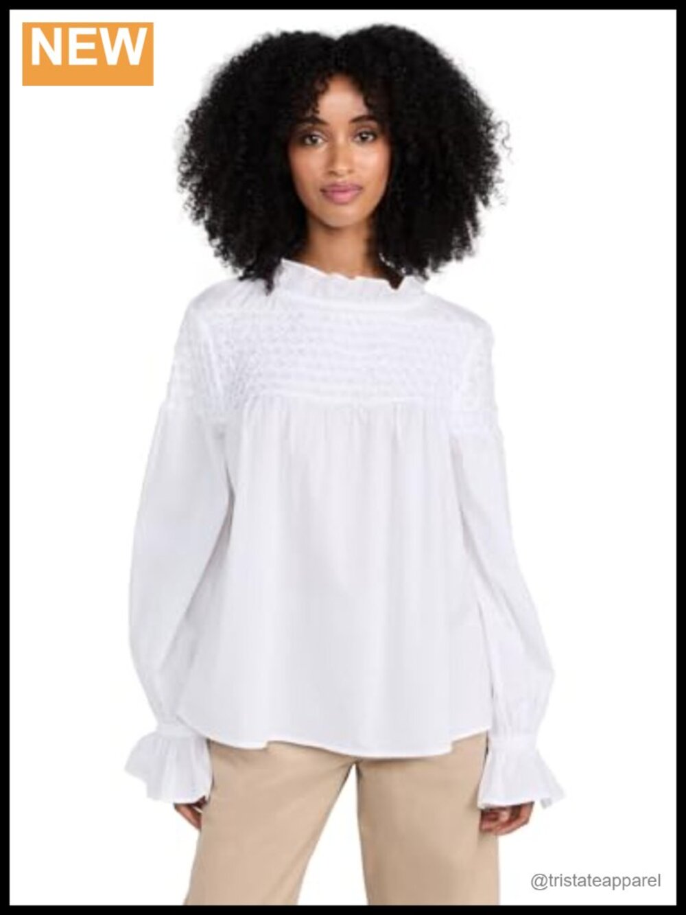 Merlette Women's Majorelle Top - White Cotton Poplin Long Sleeve Blouse Smocked